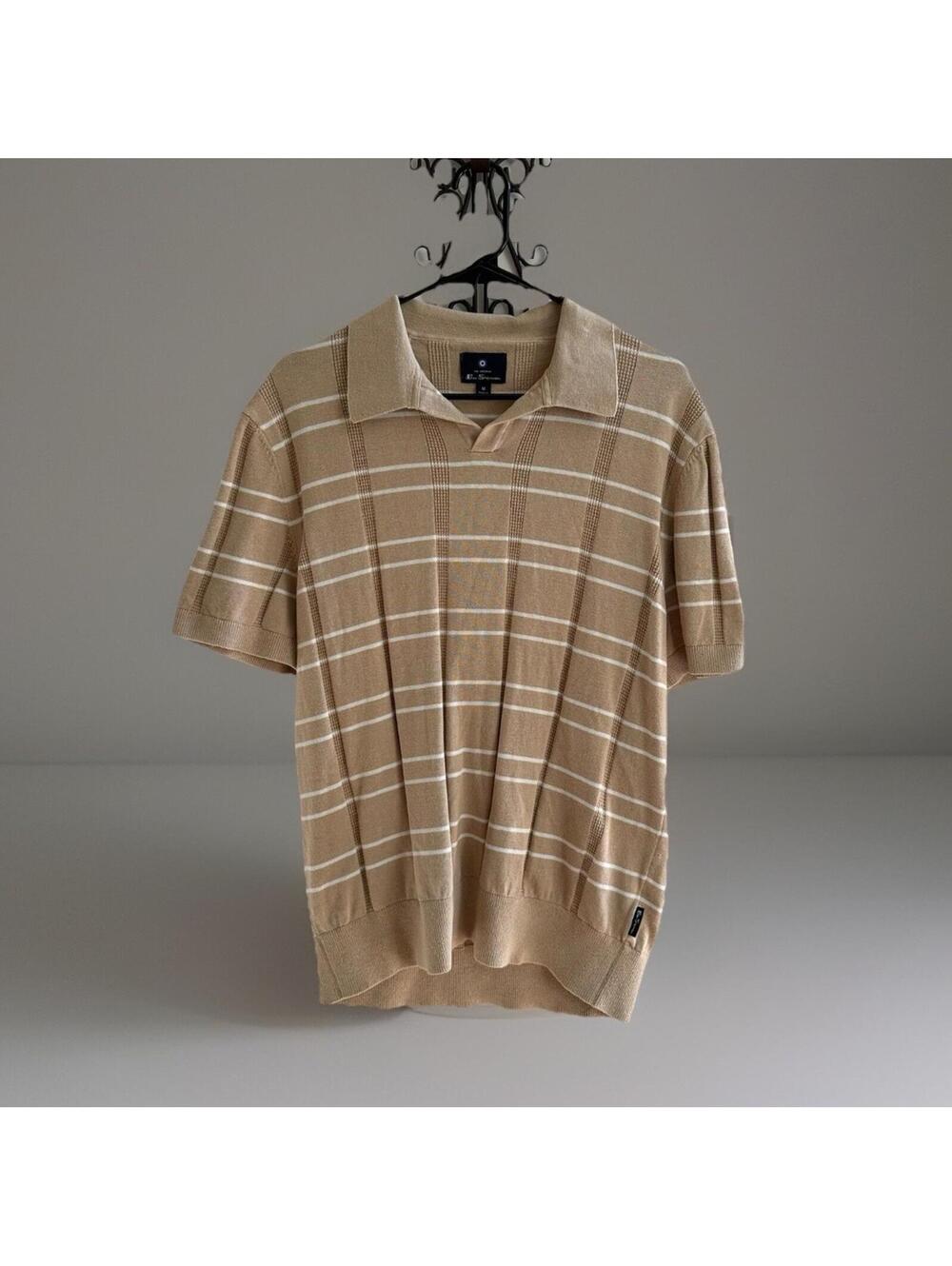 Ben Sherman Knit Polo Shirt Mens M Beige Mod Stripe Sweater Polo Retro